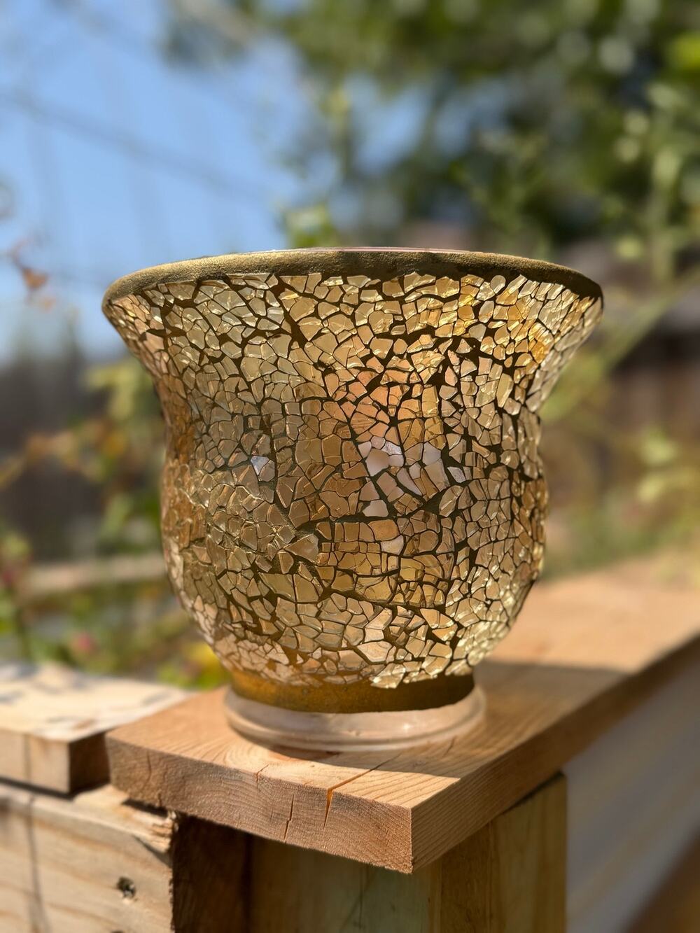 Gold Mosaic Crackle Glass Hurricane Candle Holder Vase Centerpiece Decor